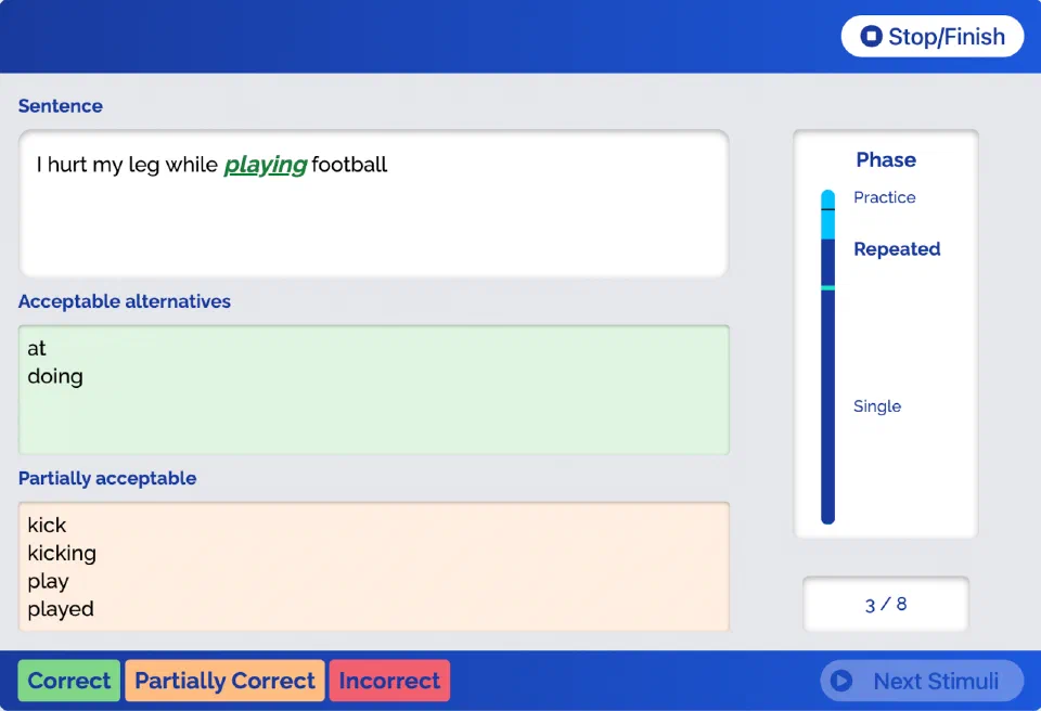 AudiCloze test screen showing the current sentence with the deleted word highlighted