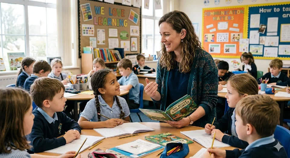 A smiling female teacher wearing a visible hearing aid interacting with primary school students